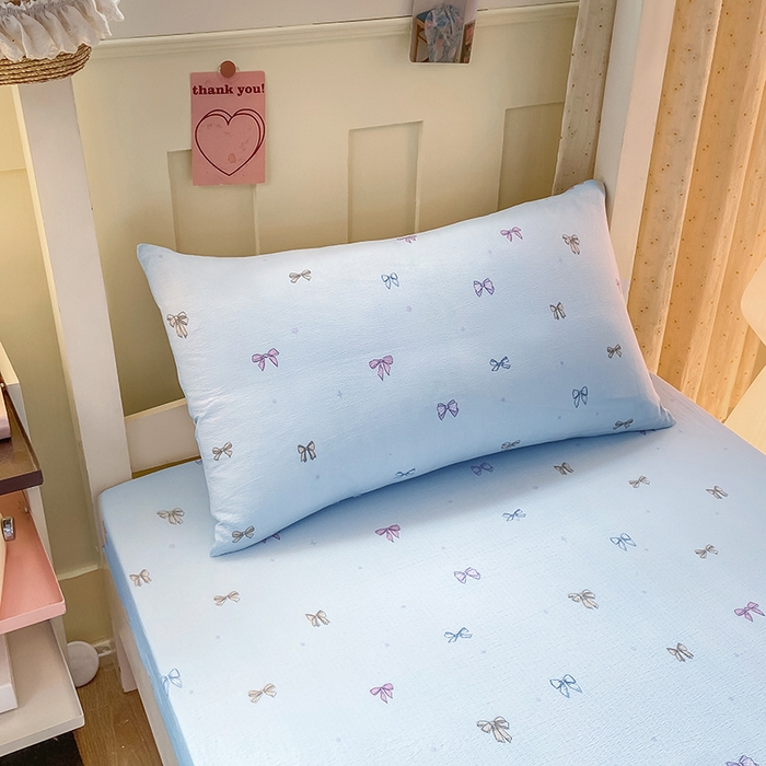 91家纺网 家纺一手货源 找家纺 眠势力 2025新款ins云感双层纱学生宿舍上下铺奶油风云感四季款单床笠床笠单件 蓝调蝴蝶结