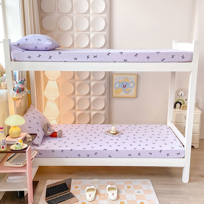 91家纺网 家纺一手货源 找家纺 眠势力 2025新款ins云感双层纱学生宿舍上下铺奶油风云感四季款单床笠床笠单件 紫韵蝴蝶结