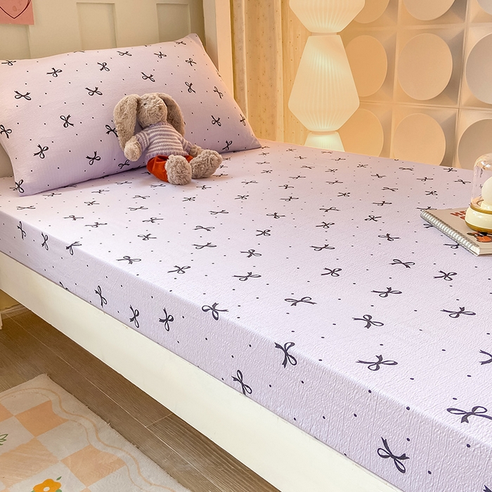 91家纺网 家纺一手货源 找家纺 眠势力 2025新款ins云感双层纱学生宿舍上下铺奶油风云感四季款单床笠床笠单件 紫韵蝴蝶结