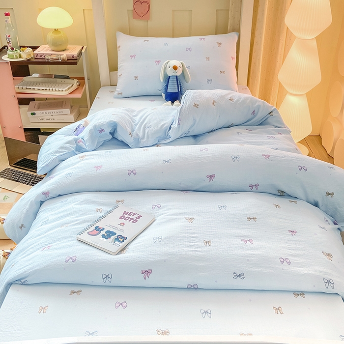 91家纺网 家纺一手货源 找家纺 眠势力 2025新款ins云感双层纱学生宿舍上下铺奶油风云感四季款单床笠床笠单件 蓝调蝴蝶结