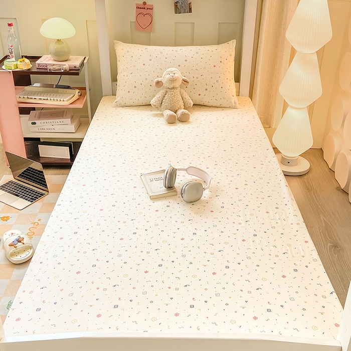 91家纺网 家纺一手货源 找家纺 眠势力 2025新款ins云感双层纱学生宿舍上下铺奶油风云感四季款单床笠床笠单件 小美好