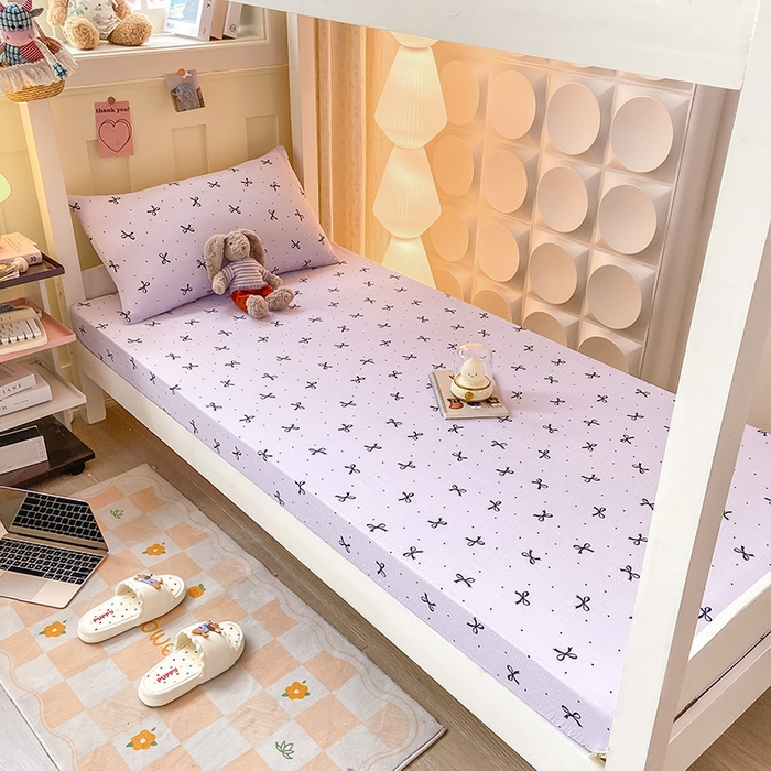 91家纺网 家纺一手货源 找家纺 眠势力 2025新款ins云感双层纱学生宿舍上下铺奶油风云感四季款单床笠床笠单件 紫韵蝴蝶结