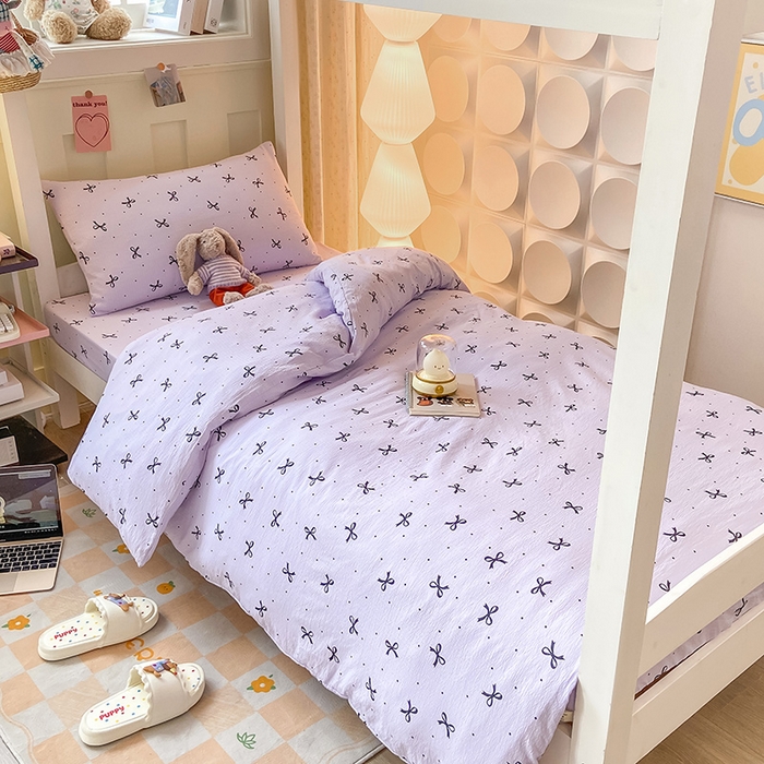 91家纺网 家纺一手货源 找家纺 眠势力 2025新款ins云感双层纱学生宿舍上下铺奶油风云感四季款单床笠床笠单件 紫韵蝴蝶结