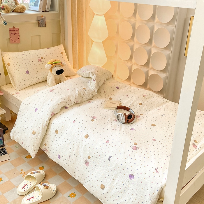 91家纺网 家纺一手货源 找家纺 眠势力 2025新款ins云感双层纱学生宿舍上下铺奶油风云感四季款单床笠床笠单件 点点草莓