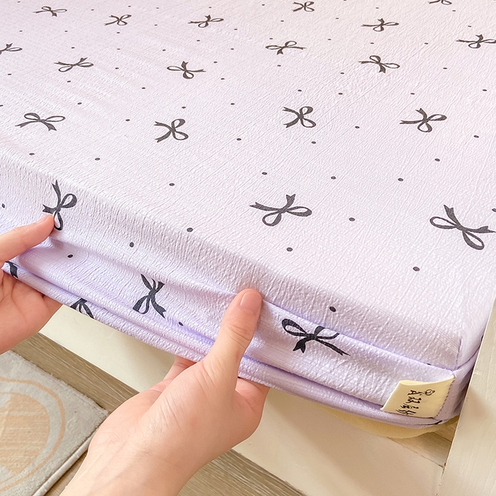 91家纺网 家纺一手货源 找家纺 眠势力 2025新款ins云感双层纱学生宿舍上下铺奶油风云感四季款单床笠床笠单件 紫韵蝴蝶结