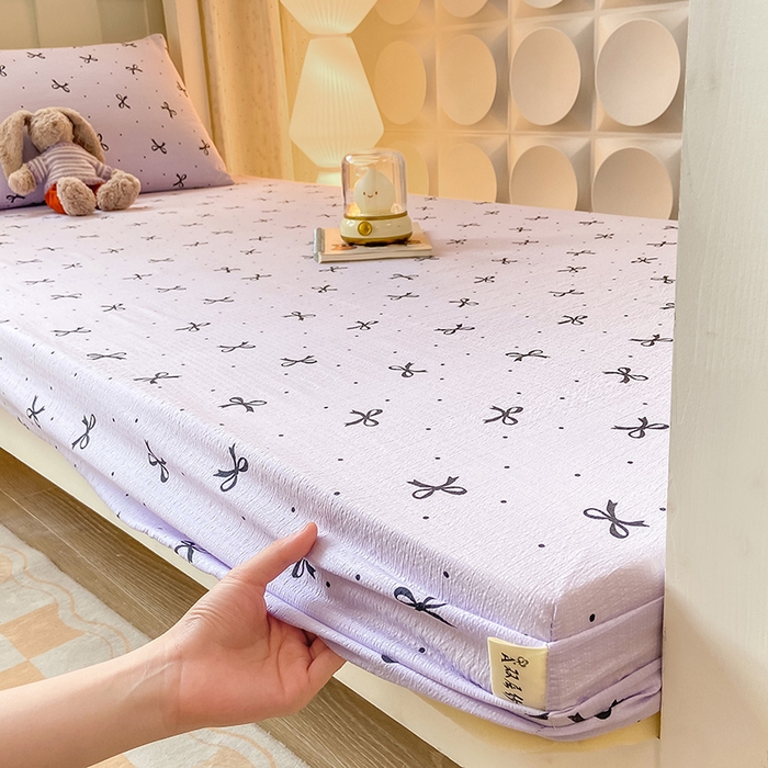 91家纺网 家纺一手货源 找家纺 眠势力 2025新款ins云感双层纱学生宿舍上下铺奶油风云感四季款单床笠床笠单件 紫韵蝴蝶结