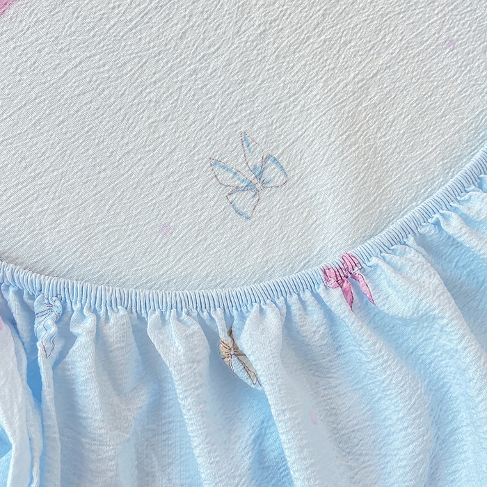 91家纺网 家纺一手货源 找家纺 眠势力 2025新款ins云感双层纱学生宿舍上下铺奶油风云感四季款单床笠床笠单件 蓝调蝴蝶结