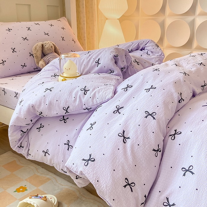 91家纺网 家纺一手货源 找家纺 眠势力 2025新款ins云感双层纱学生宿舍上下铺奶油风云感四季款单床笠床笠单件 紫韵蝴蝶结