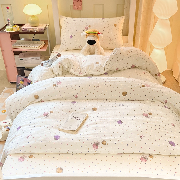 91家纺网 家纺一手货源 找家纺 眠势力 2025新款ins云感双层纱学生宿舍上下铺奶油风云感四季款单床笠床笠单件 点点草莓