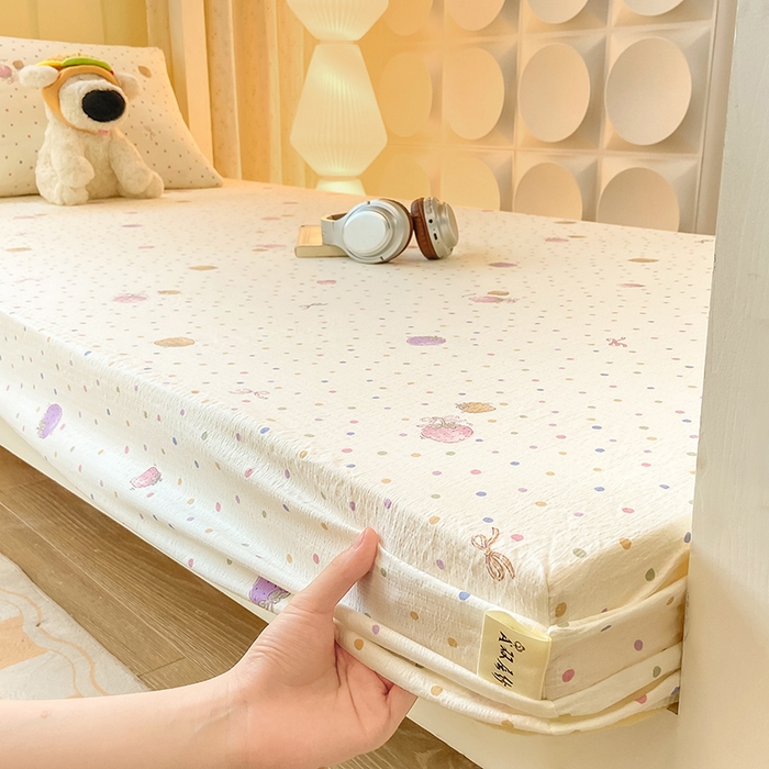 91家纺网 家纺一手货源 找家纺 眠势力 2025新款ins云感双层纱学生宿舍上下铺奶油风云感四季款单床笠床笠单件 点点草莓