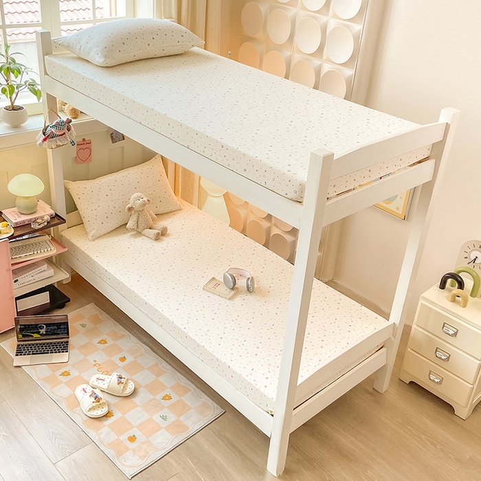 91家纺网 家纺一手货源 找家纺 眠势力 2025新款ins云感双层纱学生宿舍上下铺奶油风云感四季款单床笠床笠单件 小美好