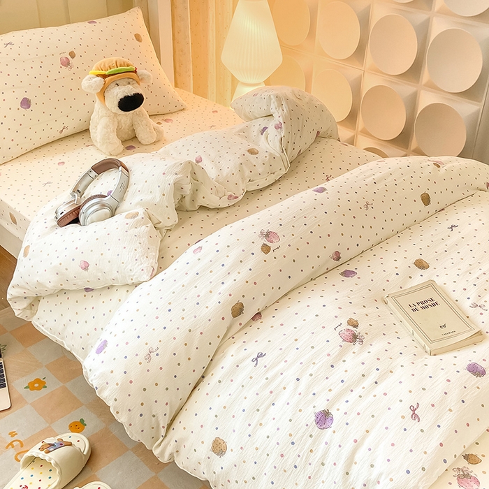 91家纺网 家纺一手货源 找家纺 眠势力 2025新款ins云感双层纱学生宿舍上下铺奶油风云感四季款单床笠床笠单件 点点草莓