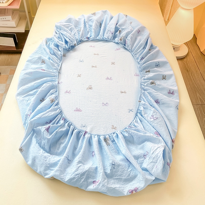 91家纺网 家纺一手货源 找家纺 眠势力 2025新款ins云感双层纱学生宿舍上下铺奶油风云感四季款单床笠床笠单件 蓝调蝴蝶结