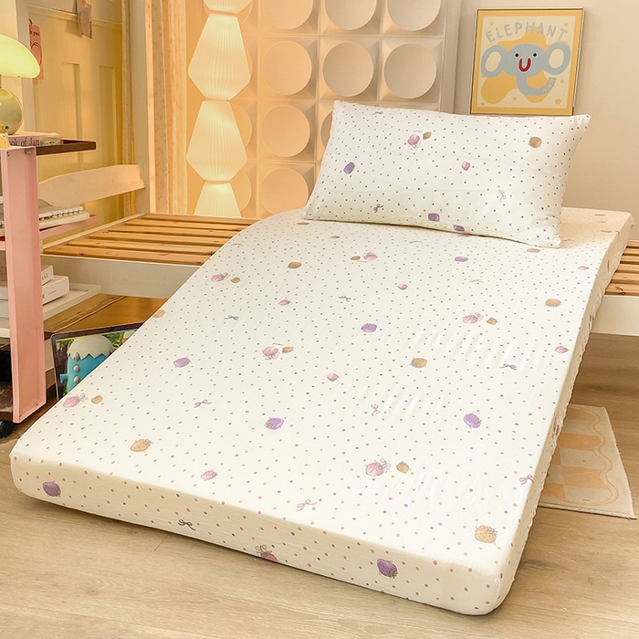 91家纺网 家纺一手货源 找家纺 眠势力 2025新款ins云感双层纱学生宿舍上下铺奶油风云感四季款单床笠床笠单件 点点草莓