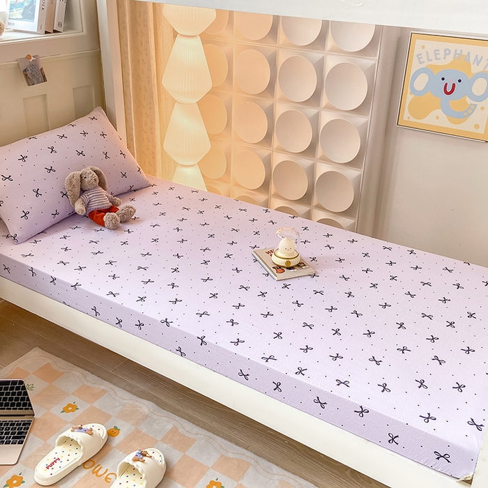 91家纺网 家纺一手货源 找家纺 眠势力 2025新款ins云感双层纱学生宿舍上下铺奶油风云感四季款单床笠床笠单件 紫韵蝴蝶结