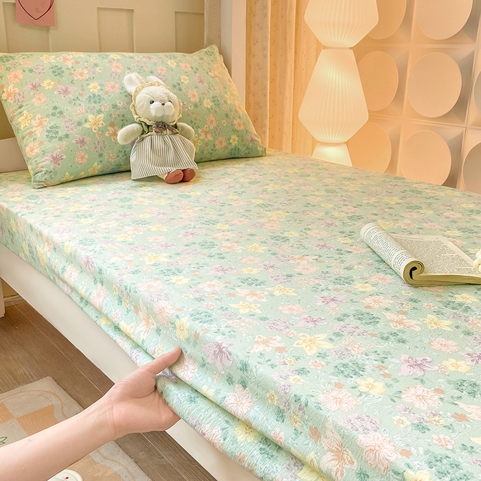 91家纺网 家纺一手货源 找家纺 眠势力 2025新款ins云感双层纱学生宿舍上下铺奶油风云感四季款单床笠床笠单件 花开盛夏