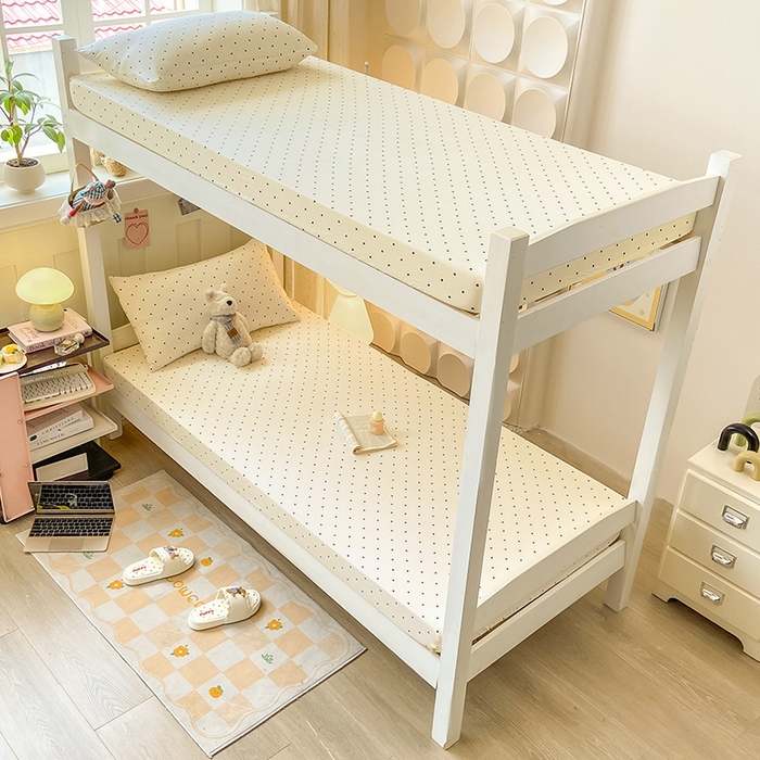 91家纺网 家纺一手货源 找家纺 眠势力 2025新款ins云感双层纱学生宿舍上下铺奶油风云感四季款单床笠床笠单件 极简波点