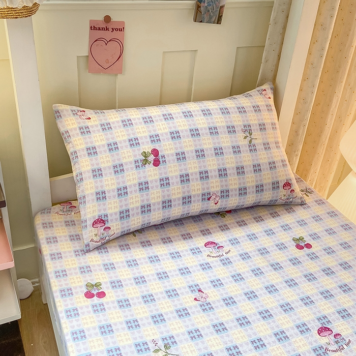 91家纺网 家纺一手货源 找家纺 眠势力 2025新款ins云感双层纱学生宿舍上下铺奶油风云感四季款单床笠床笠单件 甜樱蜜语