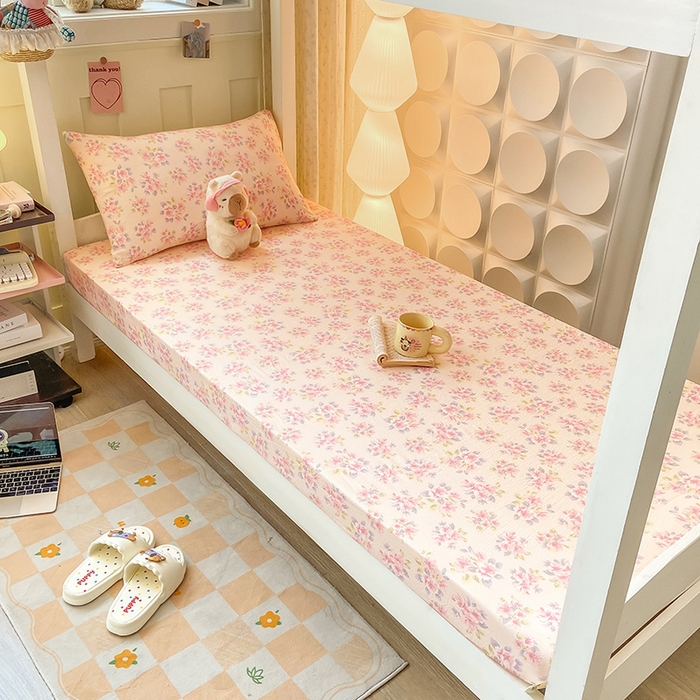 91家纺网 家纺一手货源 找家纺 眠势力 2025新款ins云感双层纱学生宿舍上下铺奶油风云感四季款单床笠床笠单件 粉调花海