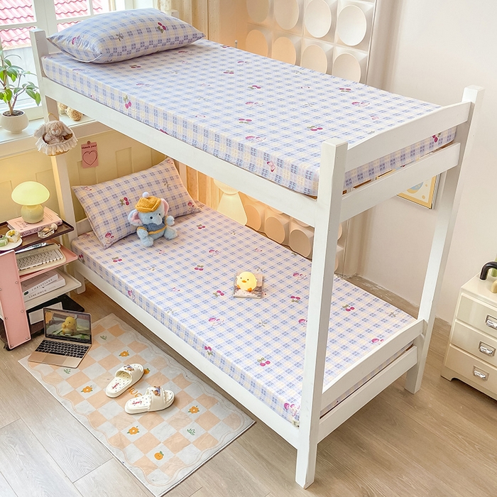 91家纺网 家纺一手货源 找家纺 眠势力 2025新款ins云感双层纱学生宿舍上下铺奶油风云感四季款单床笠床笠单件 甜樱蜜语