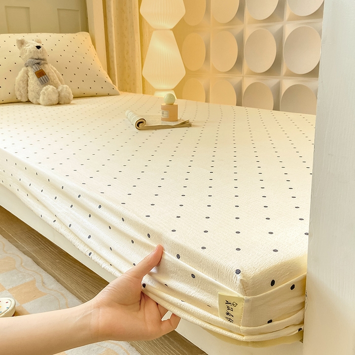 91家纺网 家纺一手货源 找家纺 眠势力 2025新款ins云感双层纱学生宿舍上下铺奶油风云感四季款单床笠床笠单件 极简波点