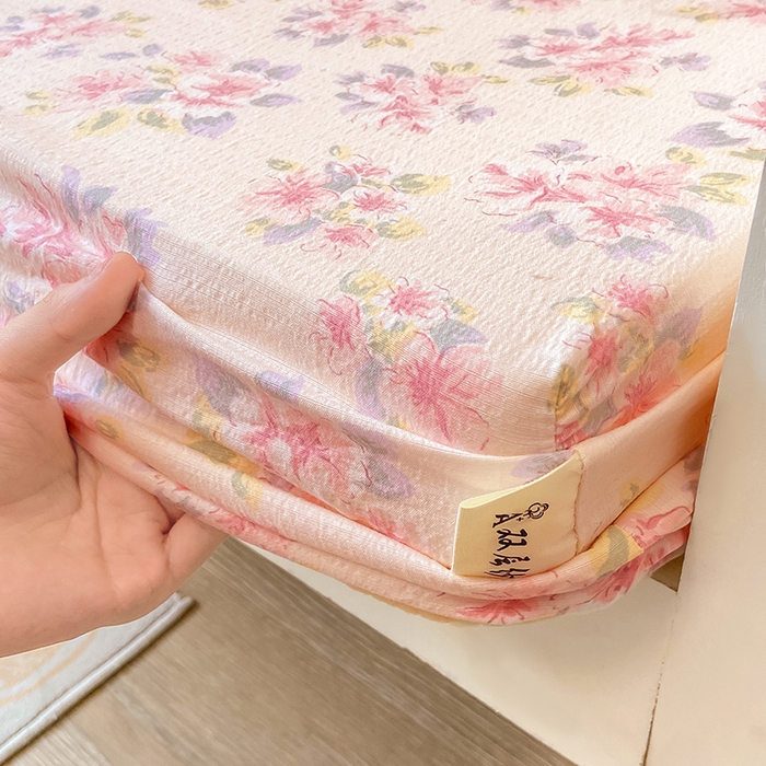 91家纺网 家纺一手货源 找家纺 眠势力 2025新款ins云感双层纱学生宿舍上下铺奶油风云感四季款单床笠床笠单件 粉调花海