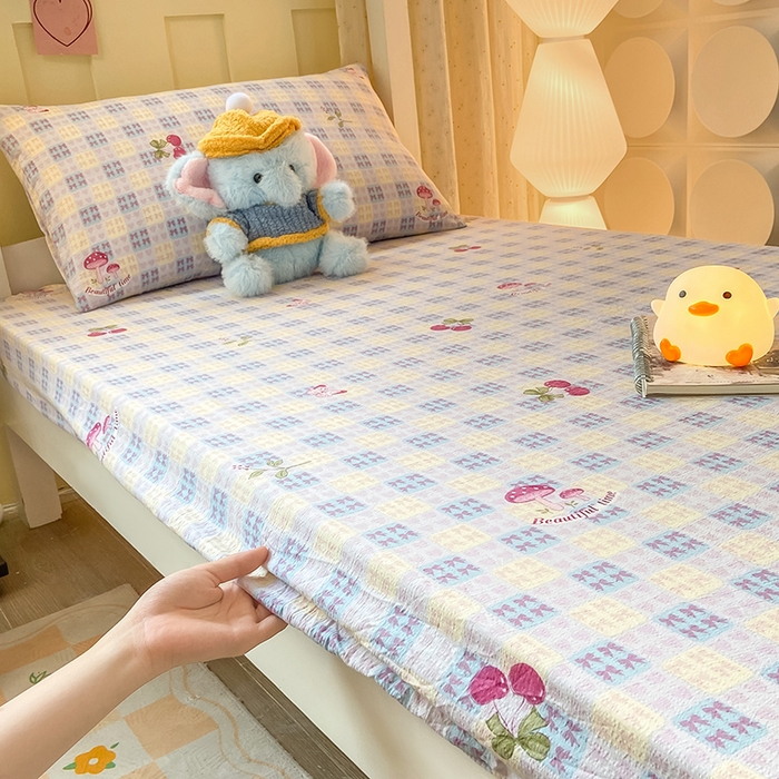 91家纺网 家纺一手货源 找家纺 眠势力 2025新款ins云感双层纱学生宿舍上下铺奶油风云感四季款单床笠床笠单件 甜樱蜜语