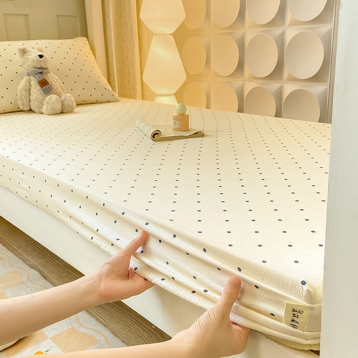 91家纺网 家纺一手货源 找家纺 眠势力 2025新款ins云感双层纱学生宿舍上下铺奶油风云感四季款单床笠床笠单件 极简波点