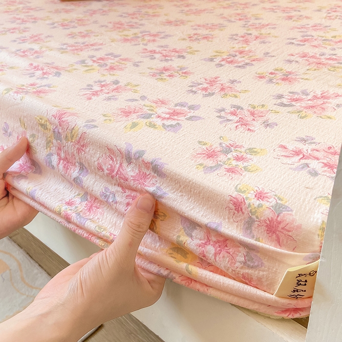 91家纺网 家纺一手货源 找家纺 眠势力 2025新款ins云感双层纱学生宿舍上下铺奶油风云感四季款单床笠床笠单件 粉调花海