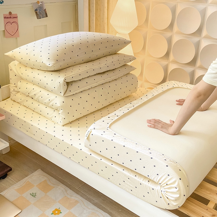 91家纺网 家纺一手货源 找家纺 眠势力 2025新款ins云感双层纱学生宿舍上下铺奶油风云感四季款单床笠床笠单件 极简波点