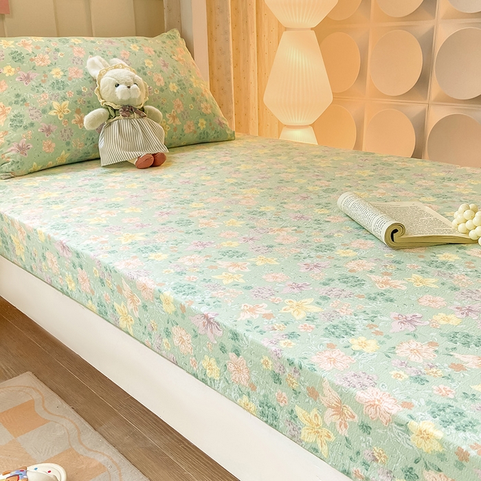 91家纺网 家纺一手货源 找家纺 眠势力 2025新款ins云感双层纱学生宿舍上下铺奶油风云感四季款单床笠床笠单件 花开盛夏