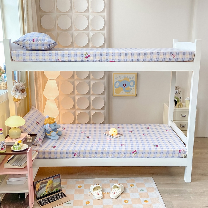 91家纺网 家纺一手货源 找家纺 眠势力 2025新款ins云感双层纱学生宿舍上下铺奶油风云感四季款单床笠床笠单件 甜樱蜜语