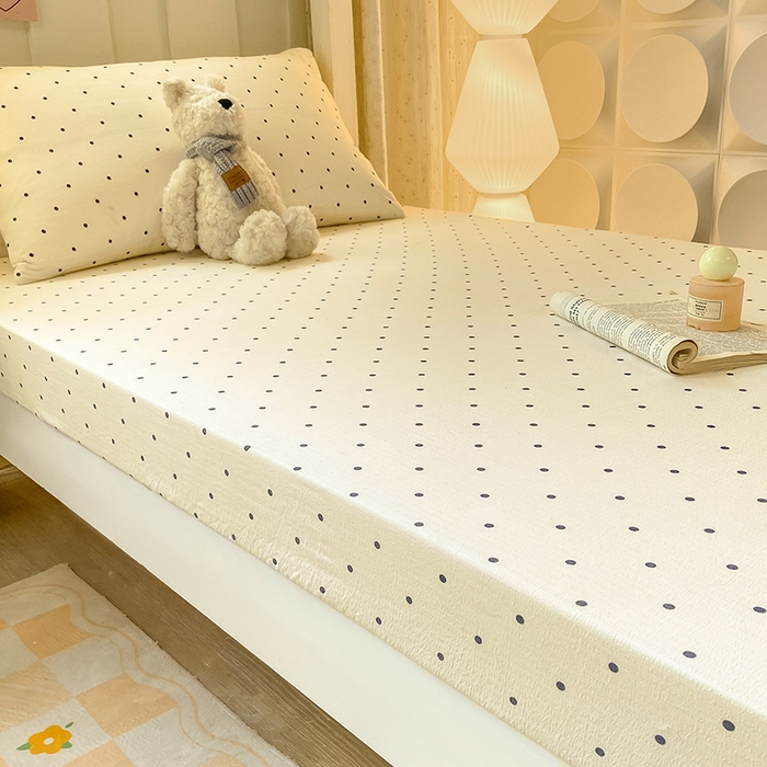 91家纺网 家纺一手货源 找家纺 眠势力 2025新款ins云感双层纱学生宿舍上下铺奶油风云感四季款单床笠床笠单件 极简波点