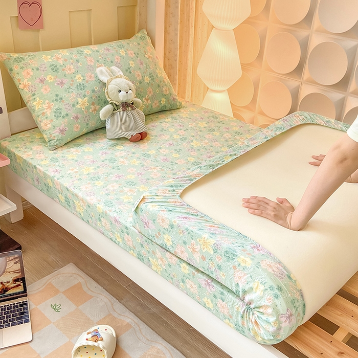 91家纺网 家纺一手货源 找家纺 眠势力 2025新款ins云感双层纱学生宿舍上下铺奶油风云感四季款单床笠床笠单件 花开盛夏