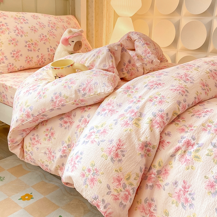 91家纺网 家纺一手货源 找家纺 眠势力 2025新款ins云感双层纱学生宿舍上下铺奶油风云感四季款单床笠床笠单件 粉调花海