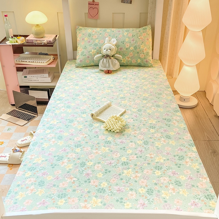 91家纺网 家纺一手货源 找家纺 眠势力 2025新款ins云感双层纱学生宿舍上下铺奶油风云感四季款单床笠床笠单件 花开盛夏