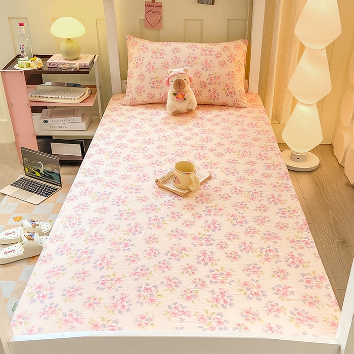 91家纺网 家纺一手货源 找家纺 眠势力 2025新款ins云感双层纱学生宿舍上下铺奶油风云感四季款单床笠床笠单件 粉调花海