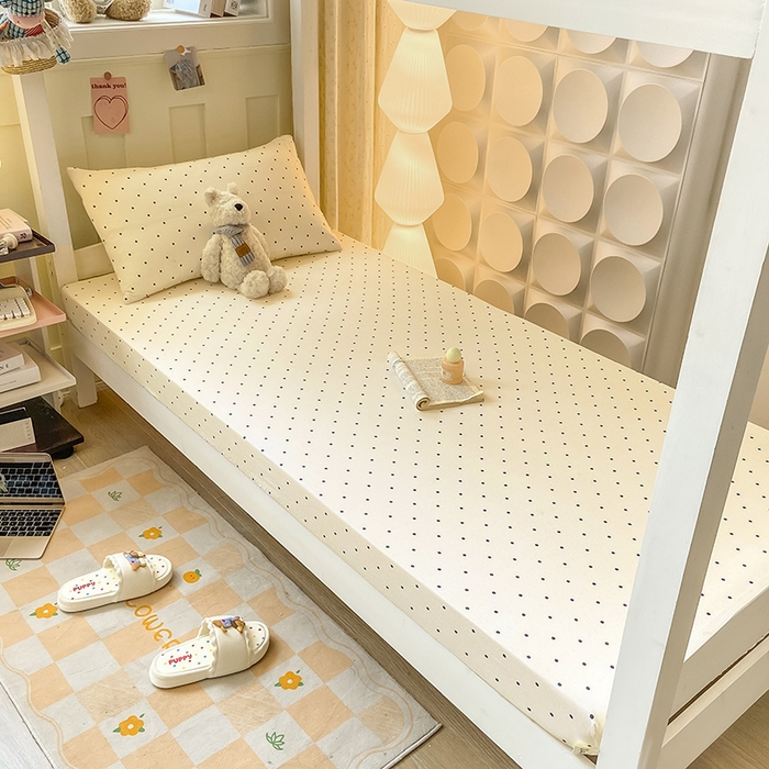 91家纺网 家纺一手货源 找家纺 眠势力 2025新款ins云感双层纱学生宿舍上下铺奶油风云感四季款单床笠床笠单件 极简波点