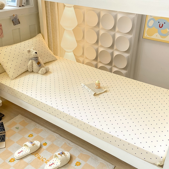 91家纺网 家纺一手货源 找家纺 眠势力 2025新款ins云感双层纱学生宿舍上下铺奶油风云感四季款单床笠床笠单件 极简波点