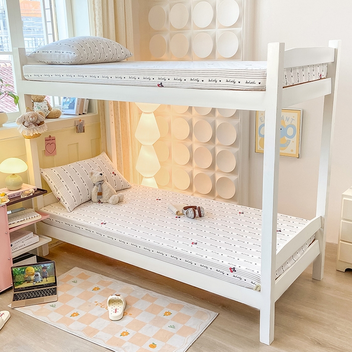 91家纺网 家纺一手货源 找家纺 眠势力 2025新款ins云感双层纱学生宿舍上下铺奶油风云感四季款单床笠床笠单件 字母樱桃