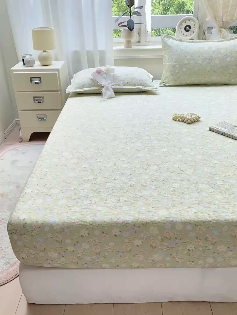 91家纺网 家纺一手货源 找家纺 米柳家纺 2025新款直播爆款7A抗菌简约木棉皱皱纱床笠（抖音控价单件49.9 三件套59.9） 初夏