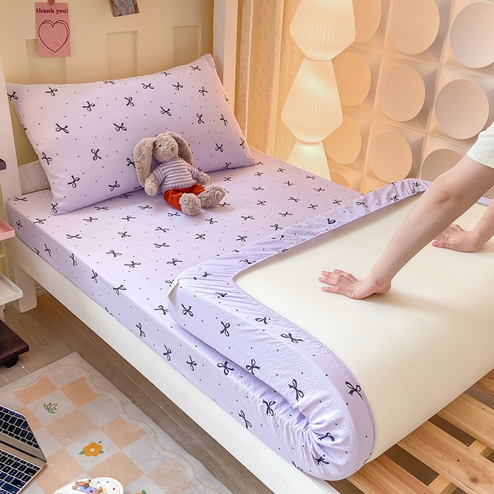 91家纺网 家纺一手货源 找家纺 眠势力 2025新款ins云感双层纱学生宿舍上下铺奶油风云感四季款单床笠床笠单件 紫韵蝴蝶结