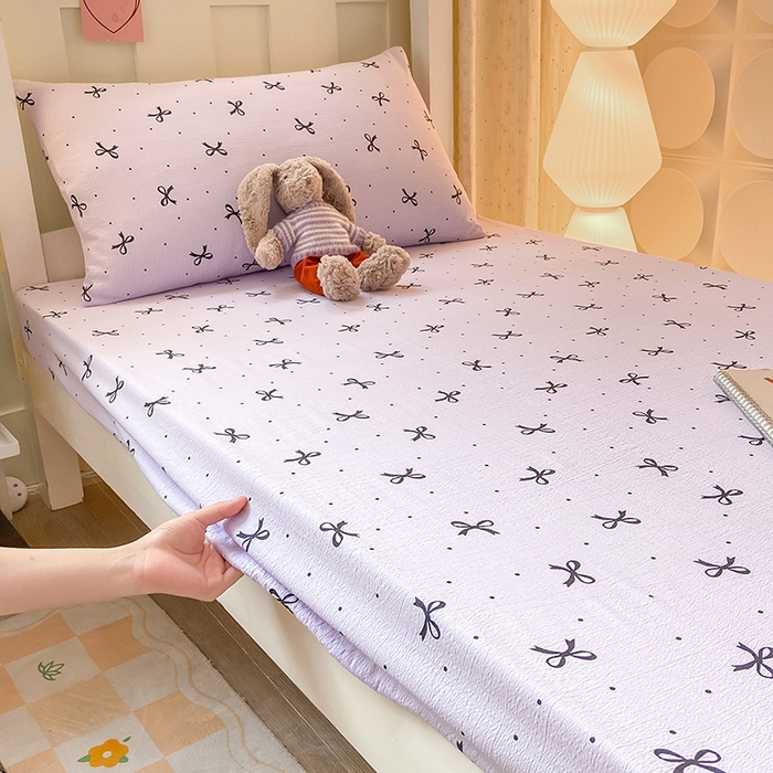 91家纺网 家纺一手货源 找家纺 眠势力 2025新款ins云感双层纱学生宿舍上下铺奶油风云感四季款单床笠床笠单件 紫韵蝴蝶结