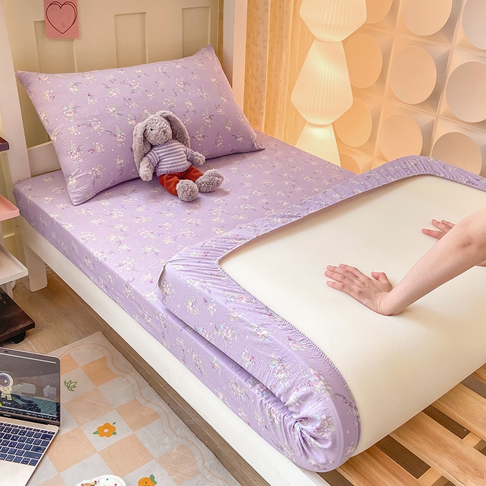 91家纺网 家纺一手货源 找家纺 眠势力 2025新款ins云感双层纱学生宿舍上下铺奶油风云感四季款单床笠床笠单件 紫色花海