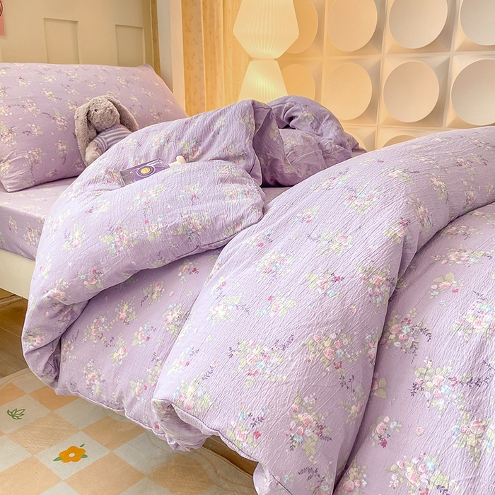 91家纺网 家纺一手货源 找家纺 眠势力 2025新款ins云感双层纱学生宿舍上下铺奶油风云感四季款单床笠床笠单件 紫色花海