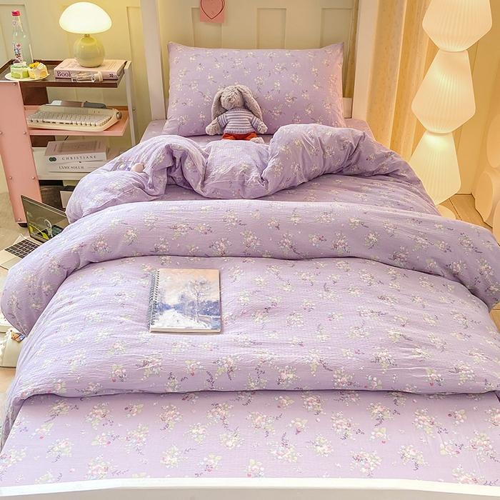 91家纺网 家纺一手货源 找家纺 眠势力 2025新款ins云感双层纱学生宿舍上下铺奶油风云感四季款单床笠床笠单件 紫色花海