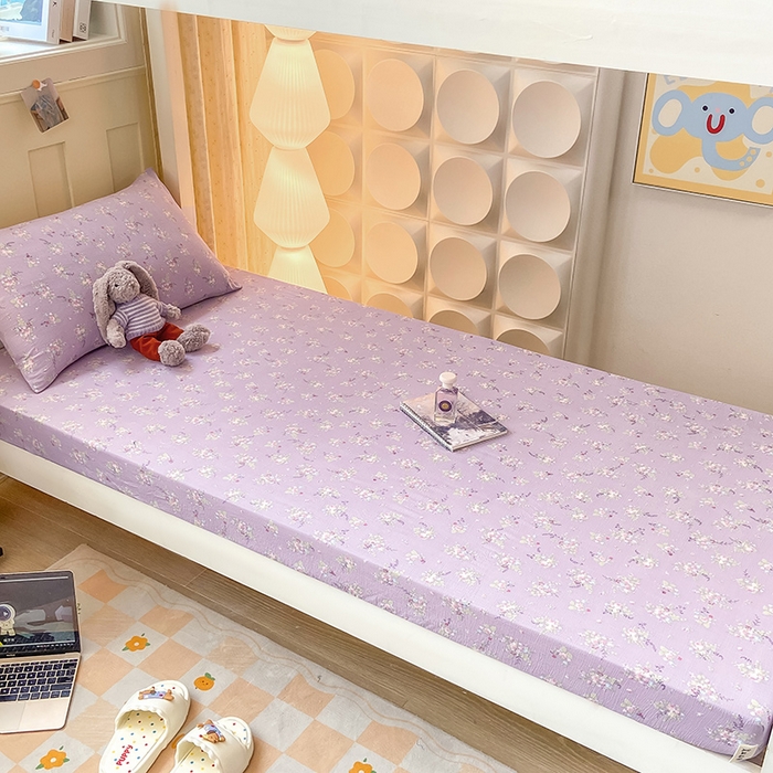 91家纺网 家纺一手货源 找家纺 眠势力 2025新款ins云感双层纱学生宿舍上下铺奶油风云感四季款单床笠床笠单件 紫色花海