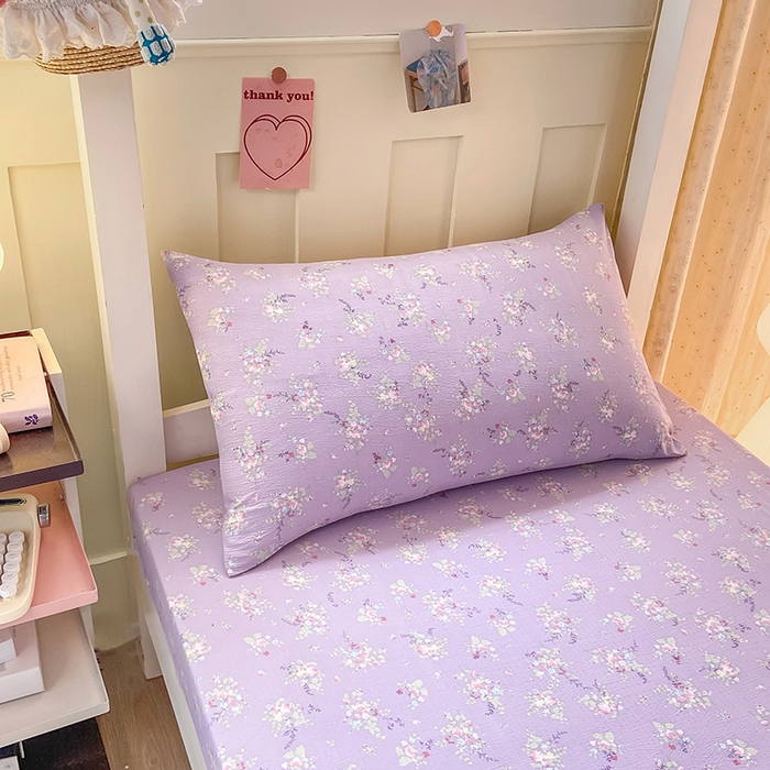 91家纺网 家纺一手货源 找家纺 眠势力 2025新款ins云感双层纱学生宿舍上下铺奶油风云感四季款单床笠床笠单件 紫色花海