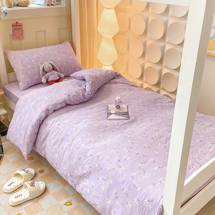 91家纺网 家纺一手货源 找家纺 眠势力 2025新款ins云感双层纱学生宿舍上下铺奶油风云感四季款单床笠床笠单件 紫色花海