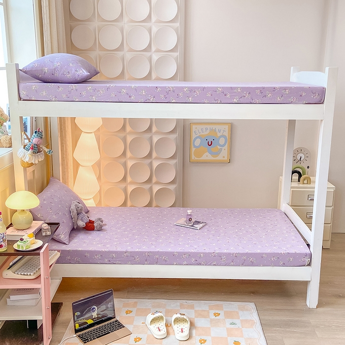 91家纺网 家纺一手货源 找家纺 眠势力 2025新款ins云感双层纱学生宿舍上下铺奶油风云感四季款单床笠床笠单件 紫色花海